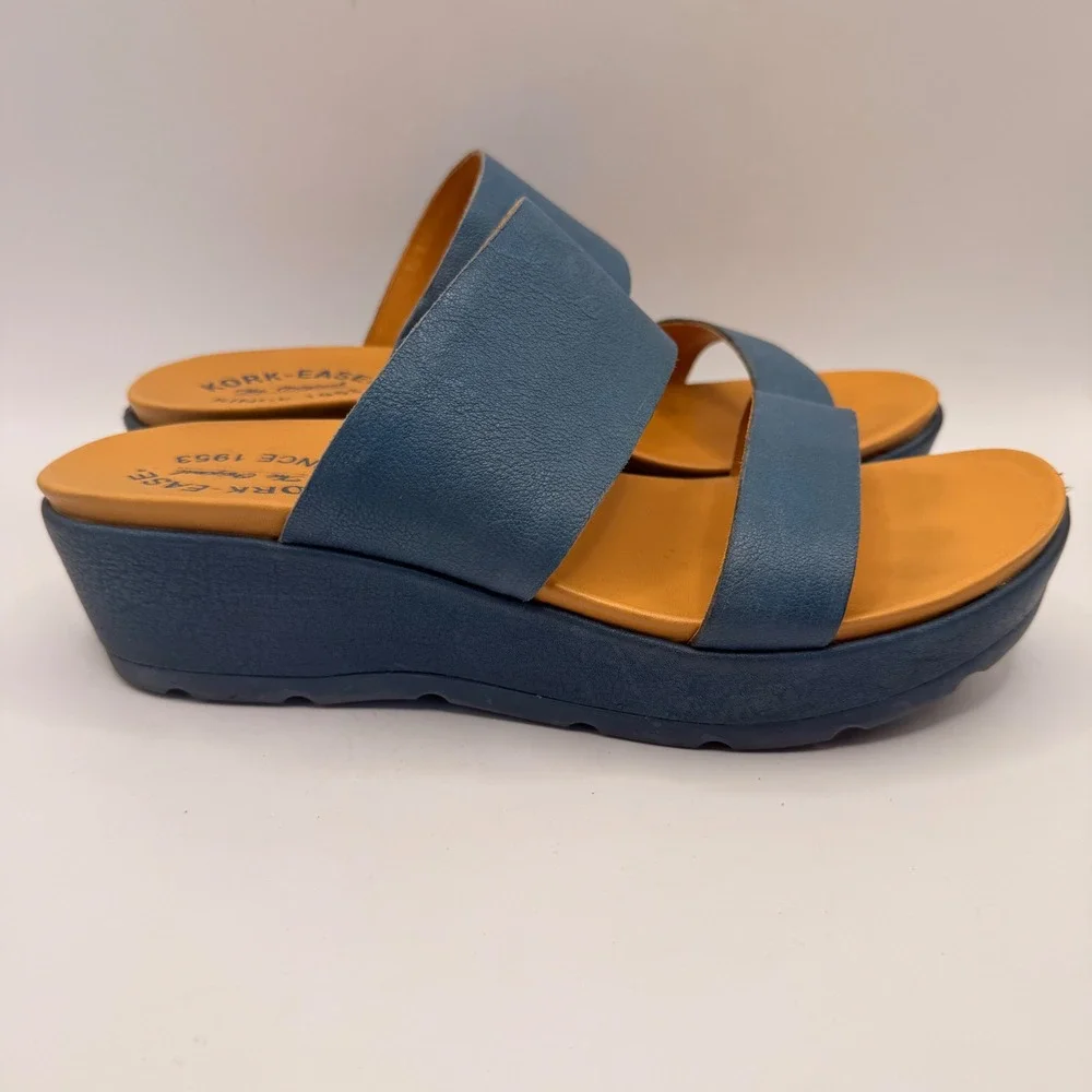 Kork-Ease Kane Dual Strap Platform Wedge Slide Sandals  Denim Blue K50204 8M